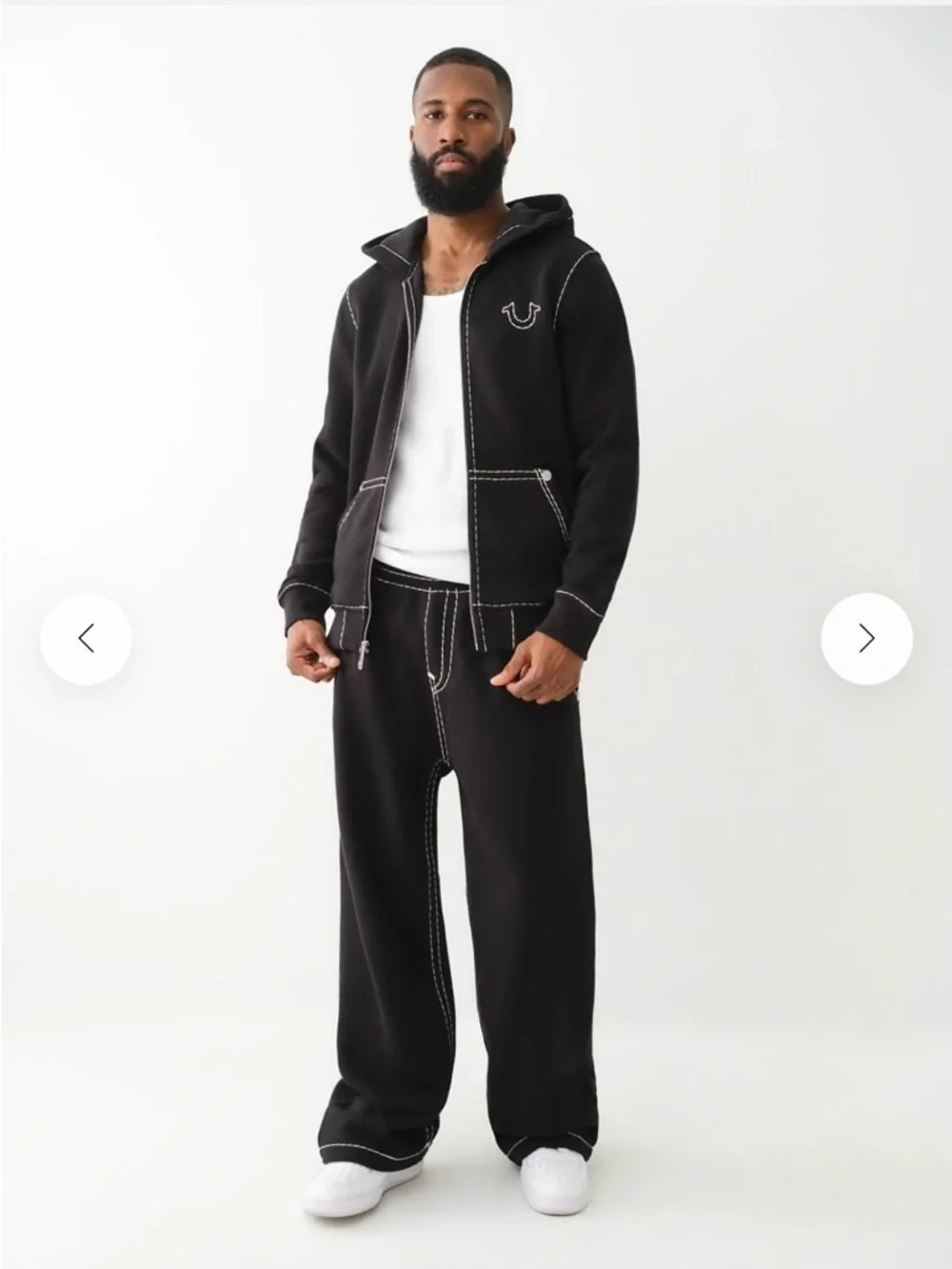 True Religion Big T Black Zip-Up Hoodie with White Contrast Stitching